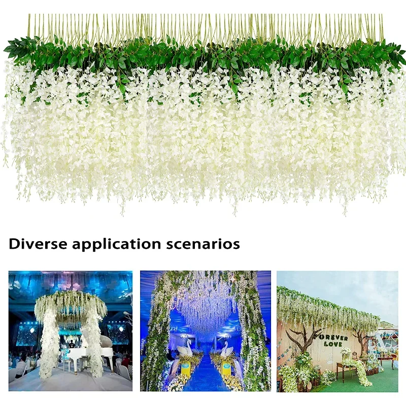 Artificial Flowers 12pcs Wisteria Vine Wreath Wedding Arch Decoration Leaf Rattan Trailing Silk Flower Ivy Wall Decor Plants