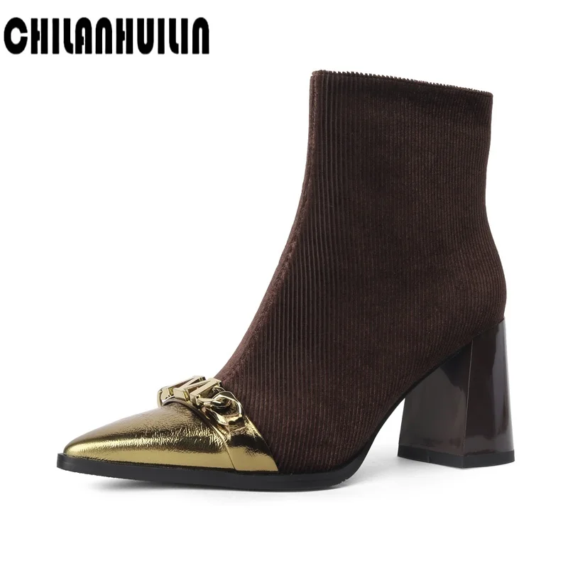 

luxury chains pointed toe high heels fashion leather+golden velvet cloth high heel ankle boots woman autumn winter botas mujer