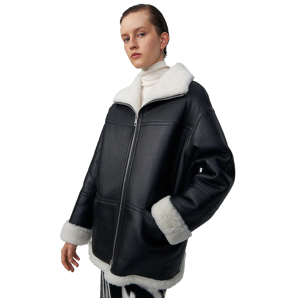 

Women's Winter Jackets Genuine Sheepskin Leather Coats Real Double-faced Fur Leather Outdoor Female Loose Clothes Black Coffee
