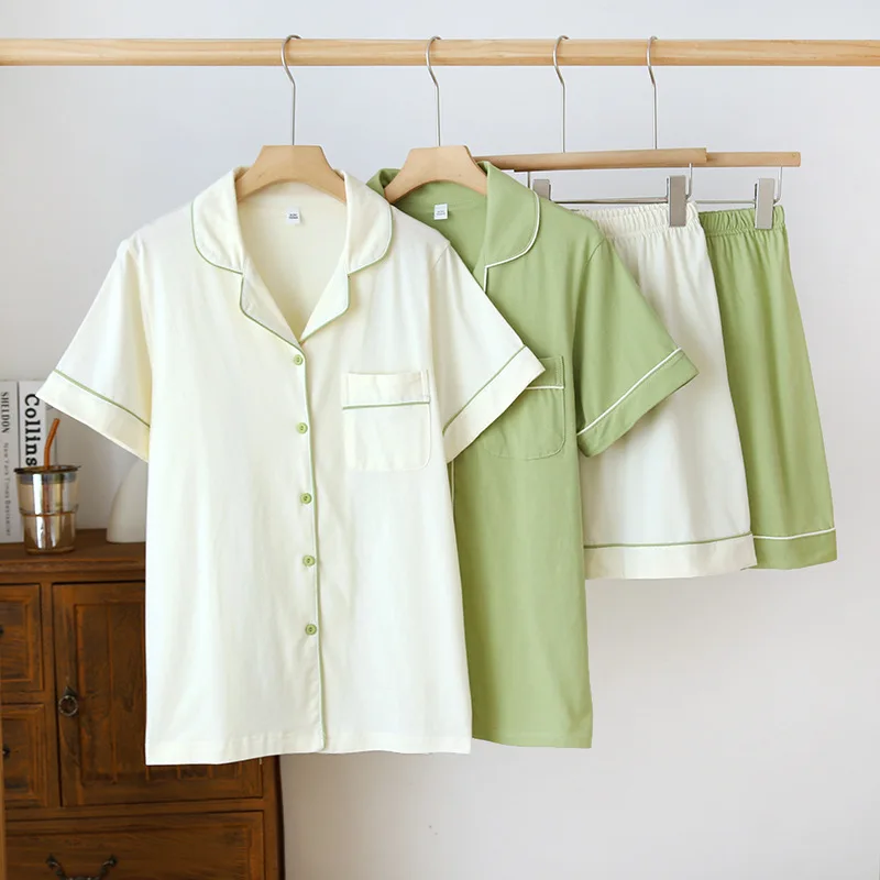 Summer Women's Pajama Set Knitted Cotton Short Sleeve Shorts Two Piece Cardigan Solid Color Casual Large Homewear women pajamas set,women pajama suit,cotton pajamas set