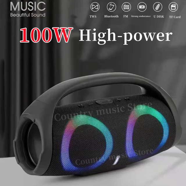 Altavoz bluetooth portátil de alta potencia, subwoofer inalámbrico de 100W,  con luz RGB colorida, resistente al agua, estéreo envolvente 360, TWS, FM