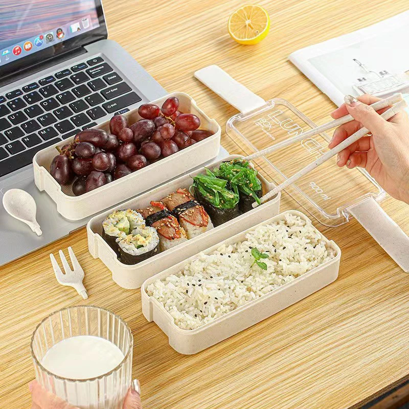 어린이 도시락 상자 누수 방지 휴대용 도시락 식품 용기, 밀 빨대 식품 보관함, 식기 세척기 안전, 3 층 쌓을 수 있음
