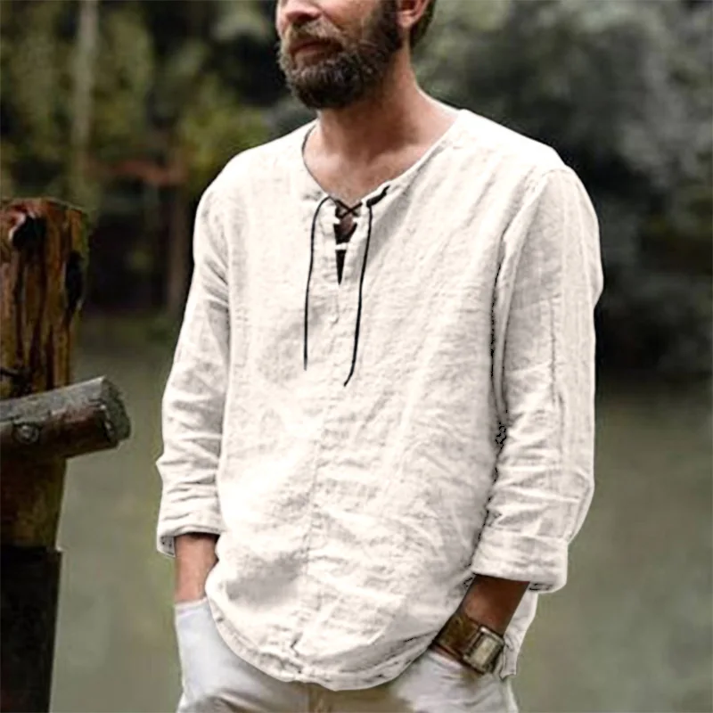 Men Cotton Linen Drawstring V Neck Long Sleeves Solid Color Casual Cool Tops Vikings Costume M-6XL cotton shirt long sleeve shirt