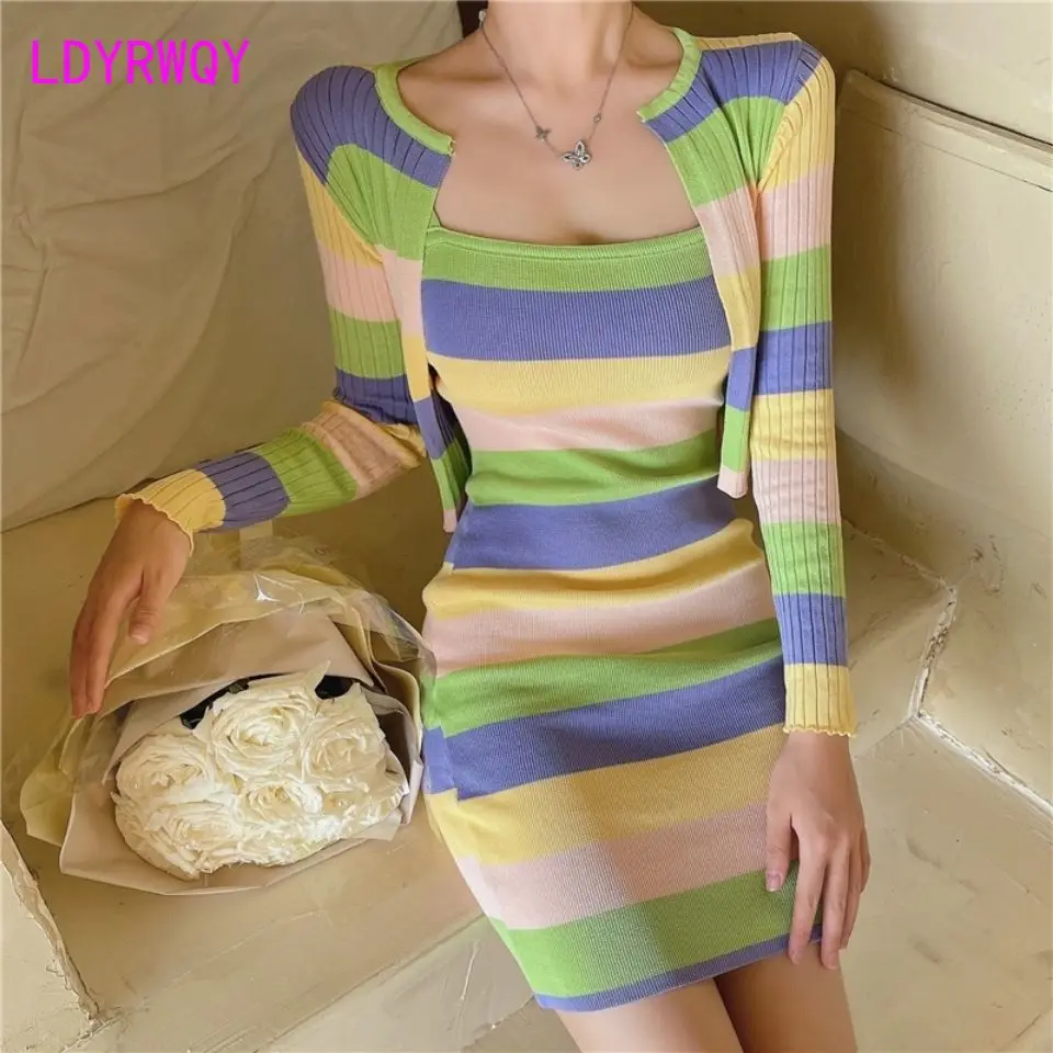 Stripe color matching buttocks strap dress+long sleeved short jacket 2-piece set fashion slim fit black mini dress women v neck regular long sleeve zipper high waist wrap buttocks dresses elegant sexy dress