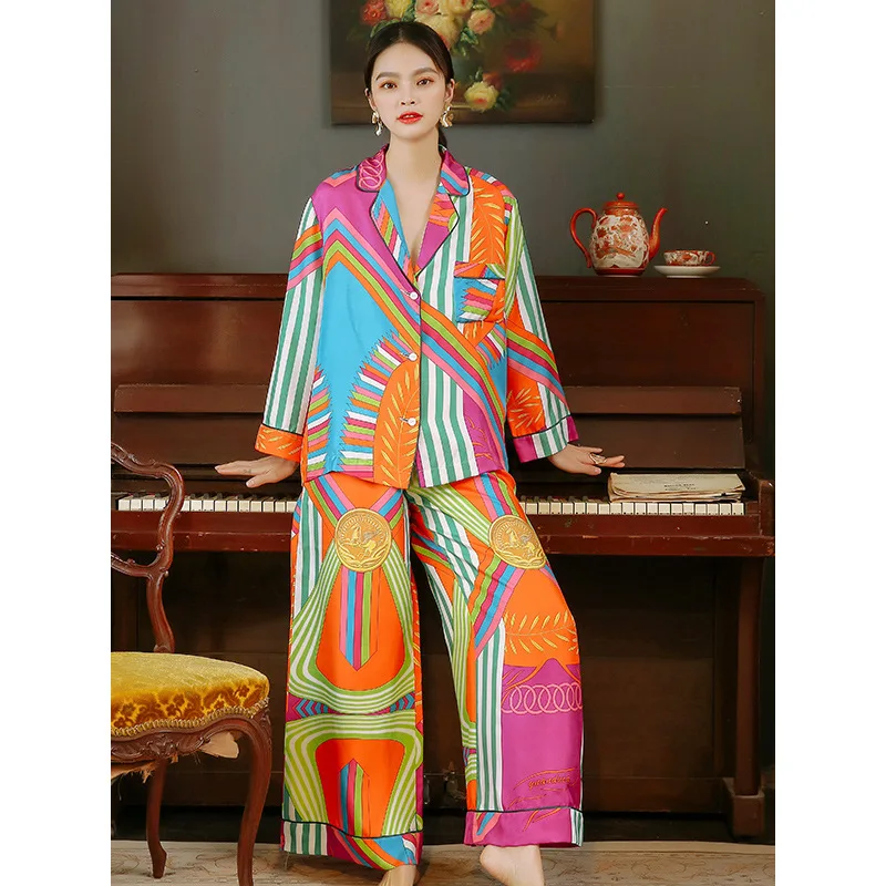 Women's pajamas long-sleeved trousers silk suit ladies two-piece suits женское бельё sleepwear