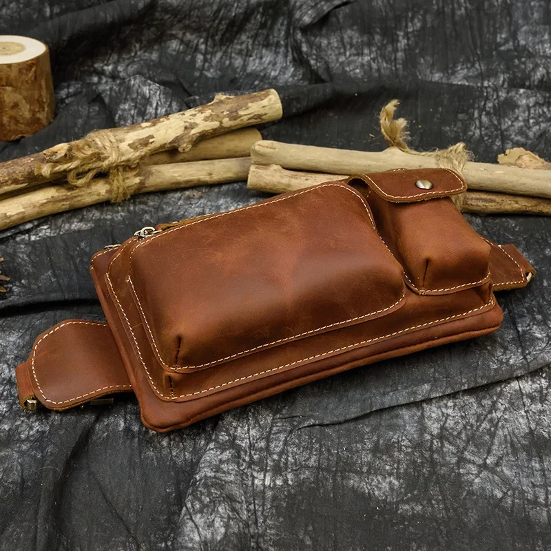 Leather Waist Bag Outdoor Men Fanny Pack with 3 Zipper