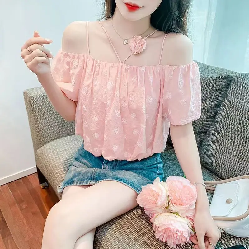 

Fashionable Sweet Summer New Shirts Women's Slash Neck Off Shoulder Sling Tie Flowers Solid Printed Loose Short Sleeve Blouses