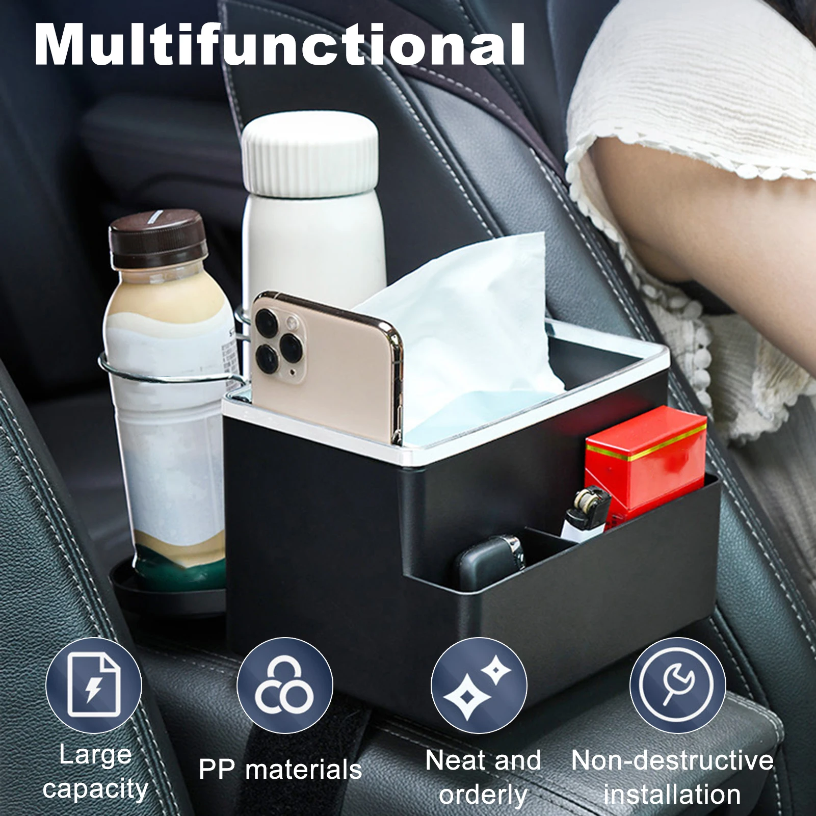 Car Armrest Storage Box Multifunctional Car Armrest Storage Organizer with  Foldable Cup Holders for Water Cups Tissues Phone - AliExpress