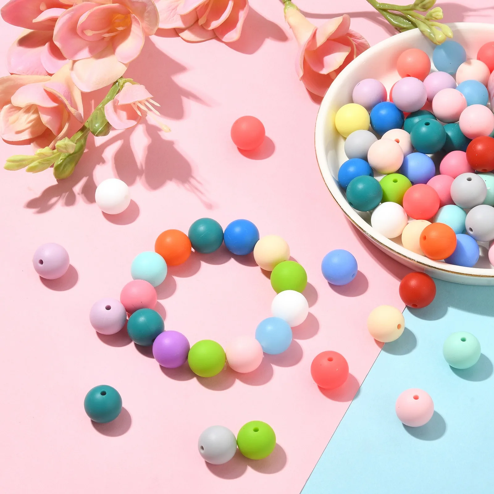 100Pcs Random 15mm Round Silicone Beads Candy Color Rubber Round Loose Beads Silicone Beads for Jewelry Keychain Making