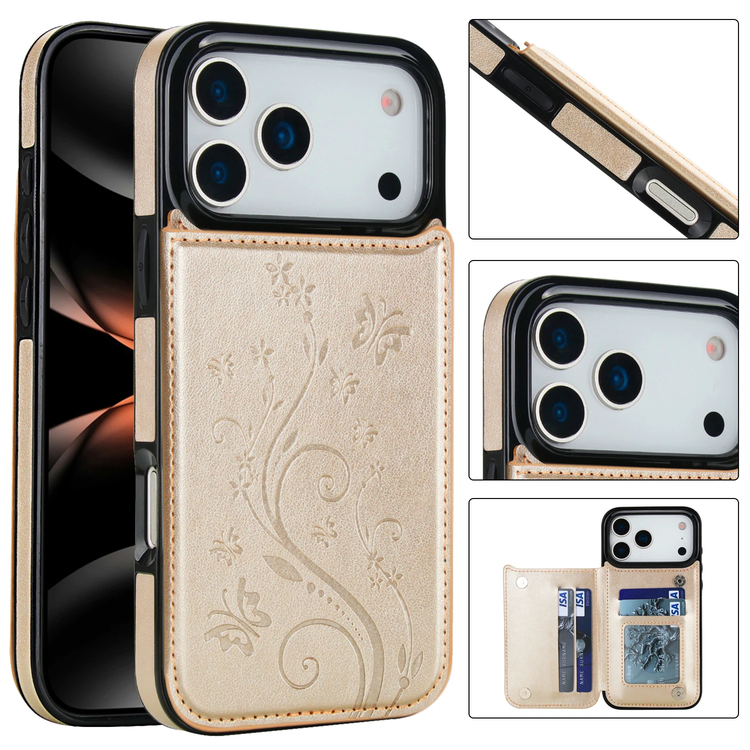 Elegant Butterfly Press Leather Wallet Case with Double Buckle Stand and Card Holder