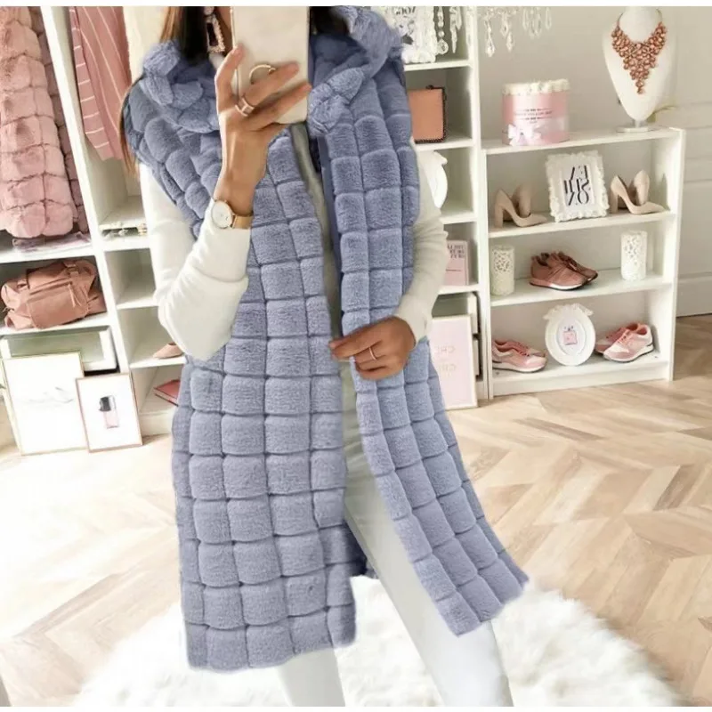 2023 New Autumn Winter Faux Fur Vest Women Sleeveless Jacket Fur Waistcoat Hooded Cardigan Luxury Long Vest Thick Warm Windproof