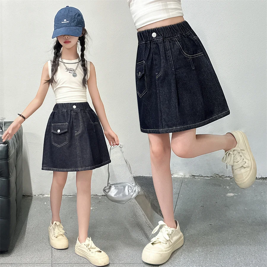 스타일리쉬 키즈 아동 패션 빈티지 다크 블루 데님 스커트 10대 소녀 트렌드 스트릿 디자인 Y2K 하의 5 6 7 8 9 10 12 14세용