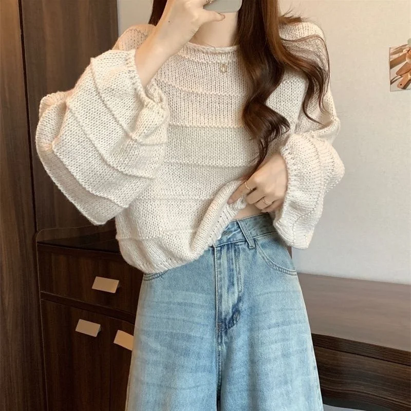 Knitted Sweater All Match Round Neck Sweater Pullover Korean Style New Loose Autumn Fashion Casual Chic Solid Color Top 1