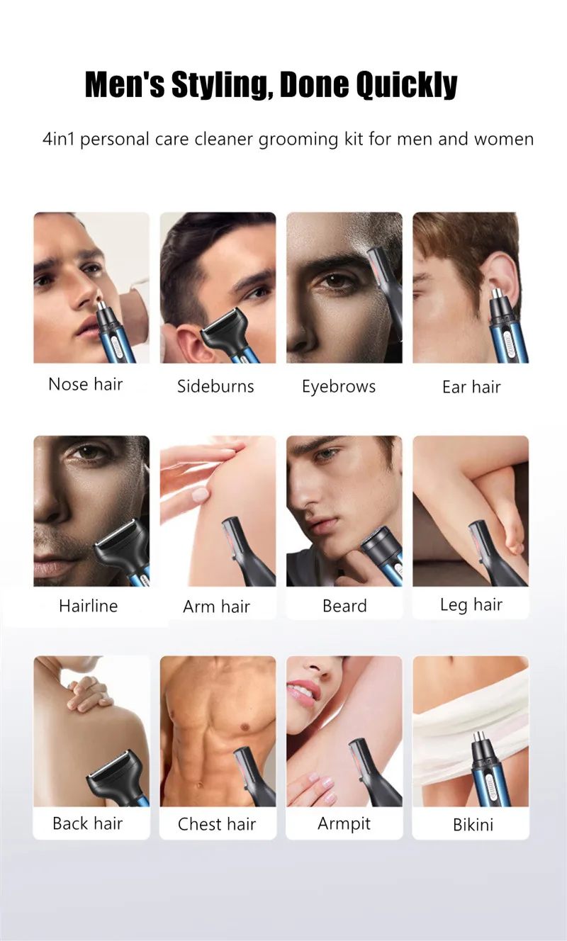 Description Picture 3 of item4in1 Electric Nose Hair Trimmer for Men Rechargeable Micro Shaver Beard Razor Eyebrow Trimmer Nose and Ear Cleaner Grooming Set