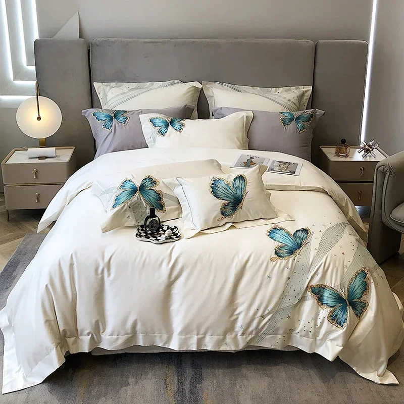 

Luxury White 1000TC Egyptian Cotton Bedding Set Blue Butterfly Embroidery Satin Soft Duvet Cover Set Bed Sheet Pillowcases