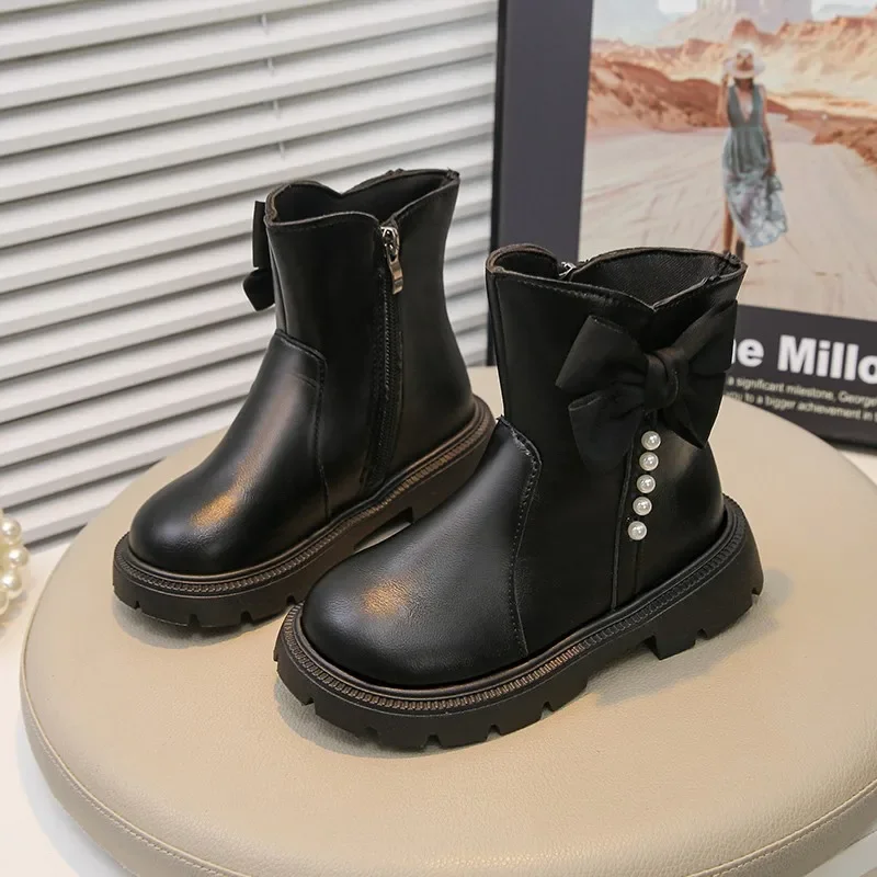 Spring Autumn Children Princess Leather Boots New Fashion Girl's School Causal Short Boots Zipper Kids Ankle Boot with Bowknot