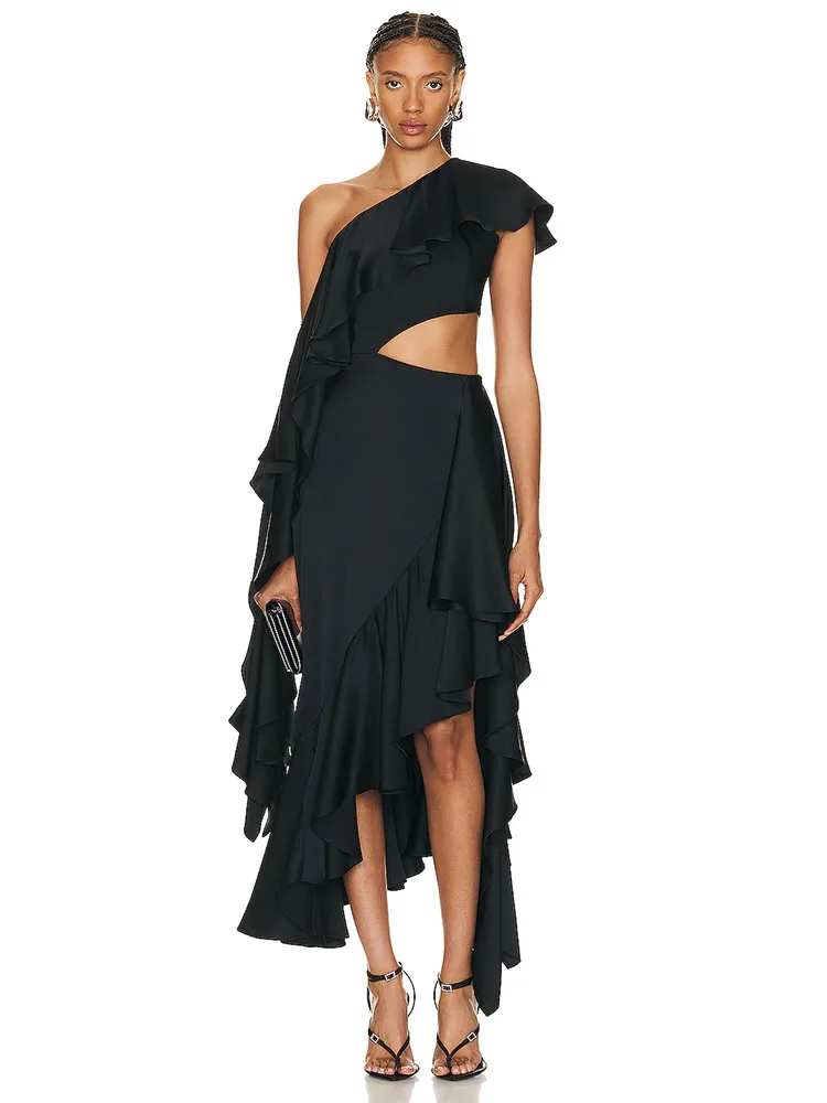 

Sexy Black Cut Out One Shoulder Asymmetric Ruffled Dress Women Elegant Slanted Shoulder Ruffle Draped Midi Slim Dress Party Club