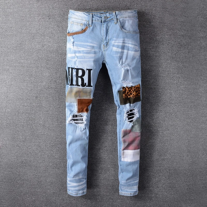 biker jeans Youth Fashion Patch Ripped Jeans Slim Fit Design Washed Jeans Pants Men Hip Hop Party Jeans Punk Rock Pants cowboy jeans