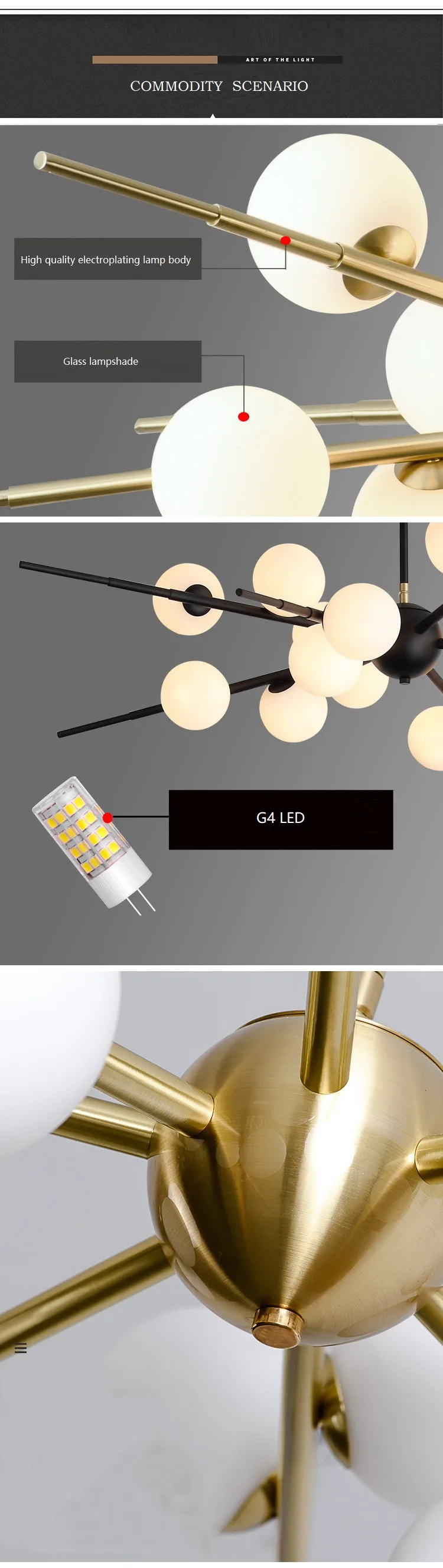Description Picture 6 of itemNordic LED Glass Ball Chandeliers Home Decor Indoor Pendant Lights Hanging Light For Living Dining Room Ceiling Mounted Lustre