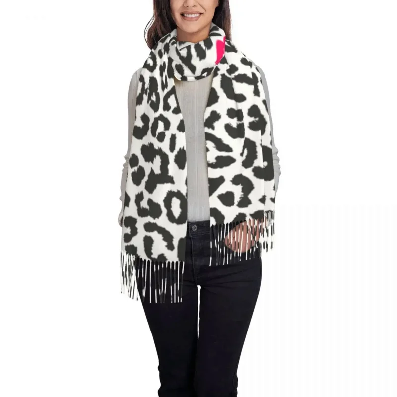 

New Women Black And White Leopard Texture With Kiss Print Scarf Winter Shawls Thin Wrap Lady Tassel Warm Scarf Hairy Bufanda