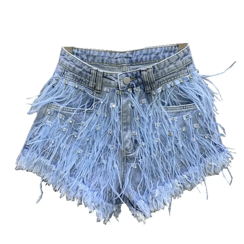 2026 Summer New Personalized Tassel Inlaid Diamond Wash Light Blue Denim Shorts Women's Streetwear Fashion Short Hot Pants
