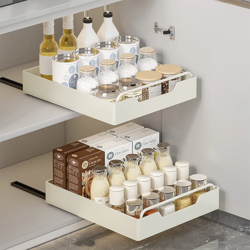 Kitchen Storage Rack Cabinets Organizer with Slide Rails Pull-out Drawer Type Storage Tray