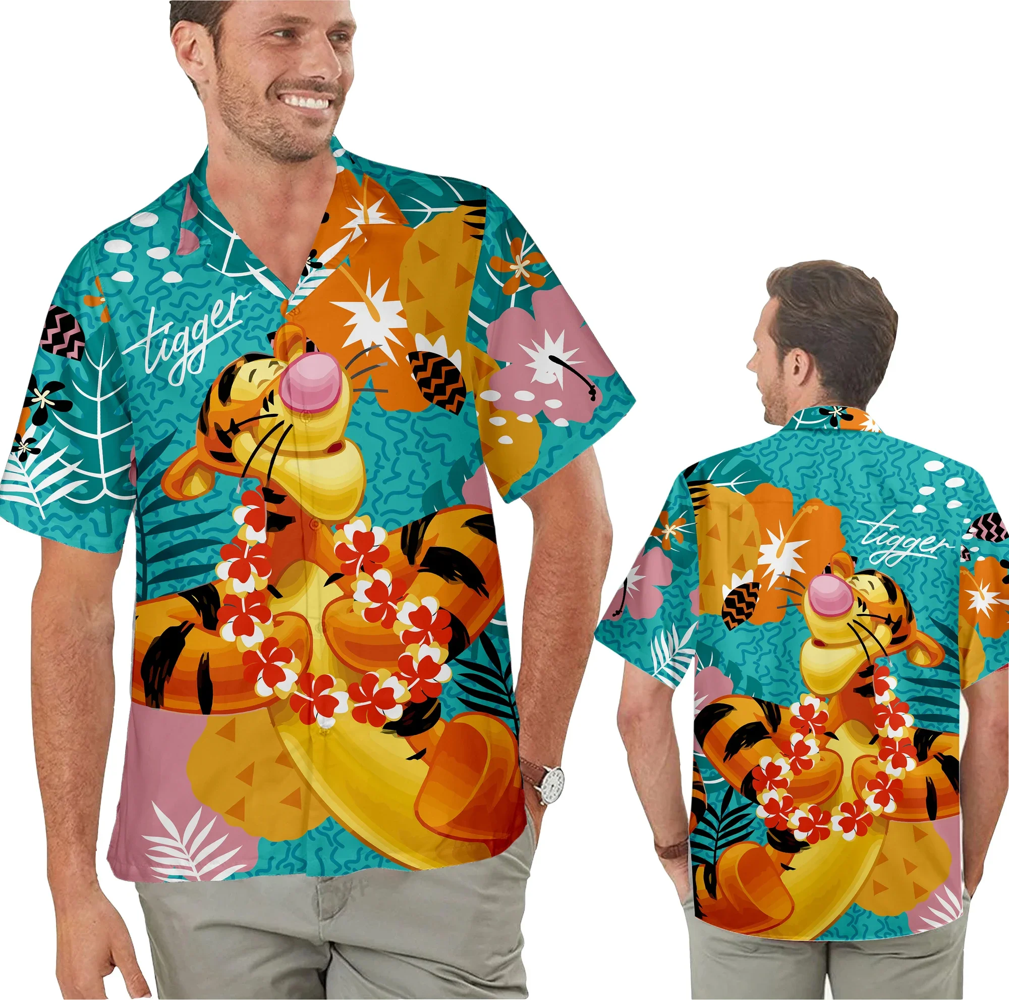 Tigger Hawaiian Shirts Fashion Men's Women's Short Sleeve Shirts Disney Hawaiian Shirts Casual Beach Shirts Harajuku Style Tops