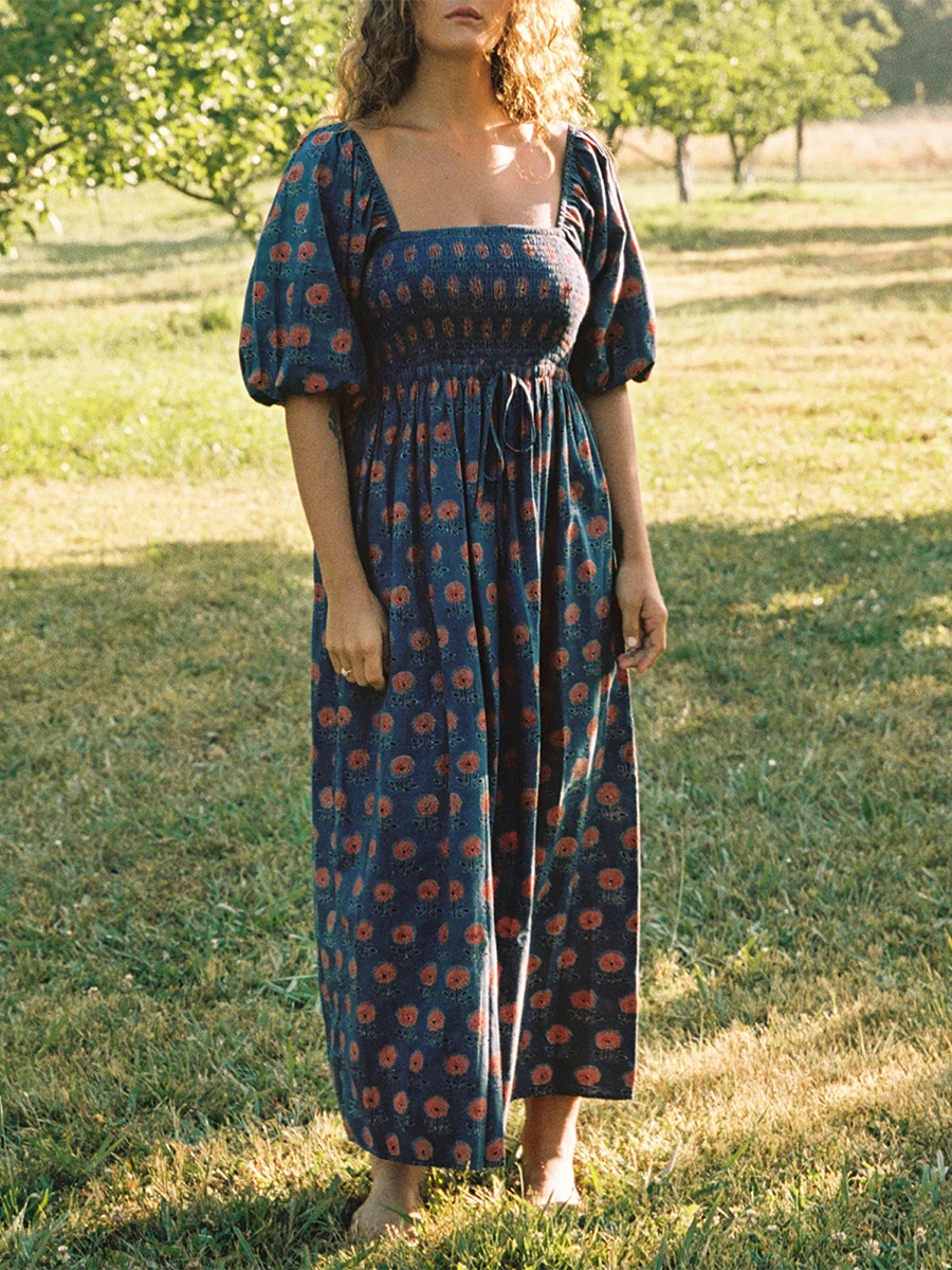 Women Puffed Sleeve Dress Casual Summer Plaid Floral Print Square Neck Party A-Line Dress for Beach Cocktail Streetwear