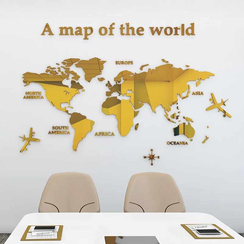 World Map Wall DIY 3D Acrylic Wall Stickers Three-dimensional Mirror Stickers Bedroom Office Background Decoration