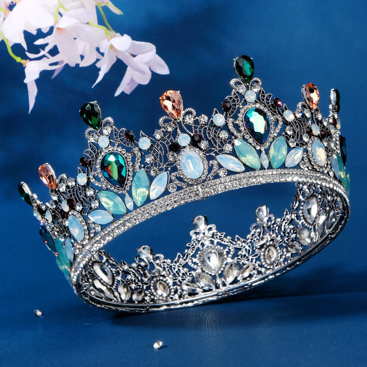 King Queen Blue Sapphire Tiara Diadem Bridal Crystal Crown Pageant Prom  Party