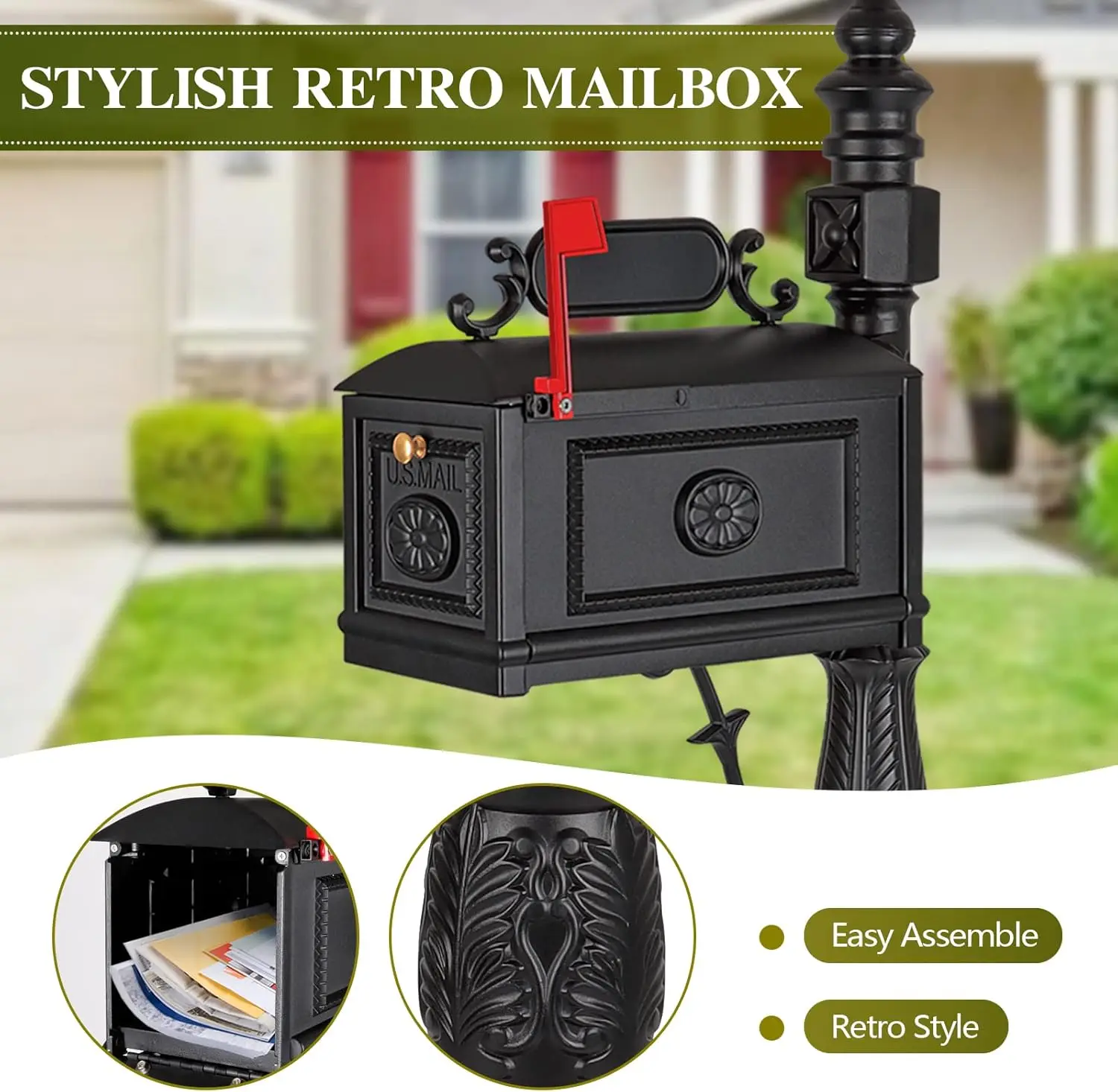 Polar Aurora Barcelona Decorative Post Mailbox Combination Stratford Heavy Duty Postal Mail Box Cast Aluminum(Black) 6