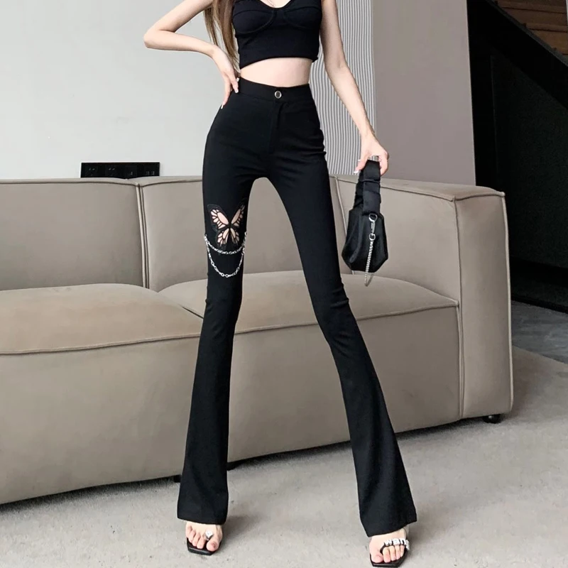 Black flare Pants Women's Summer Hollow Bow Sweetly Pants Chain Splice Casual Floor Sweeper Pants