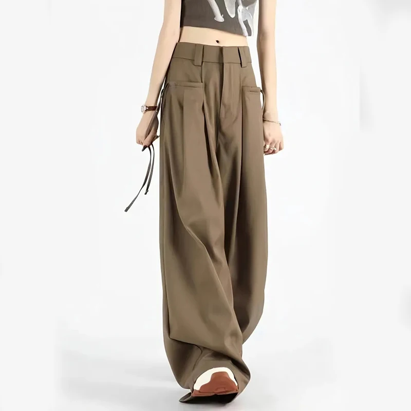 

Gidyq Streetwear Women Suit Pants Summer All Match Lace Up Female Loose Trousers Fashion Designed Pockets Korean Wide Leg Pants