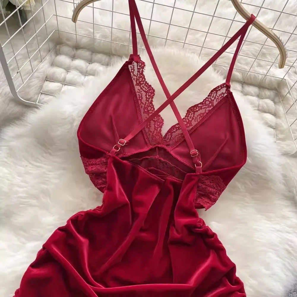 V-neck Sexy Golden velvet Hollowed Lace Backless Lingerie Tie Up Waist Cinched Sleeping Dress Women Pure Slim Cosplay Dress