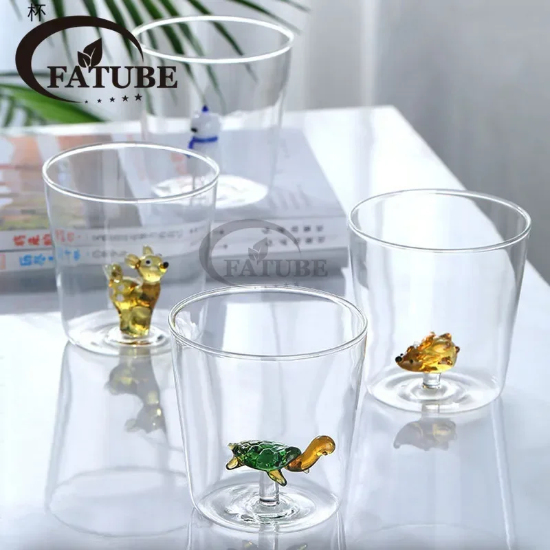 Festival Gift Creative Glass Cup 3D Cartoon Animal and Plant Shapes Cute Water Coffee Single Layer Fruit Juice Cold 4PCS FATUBE