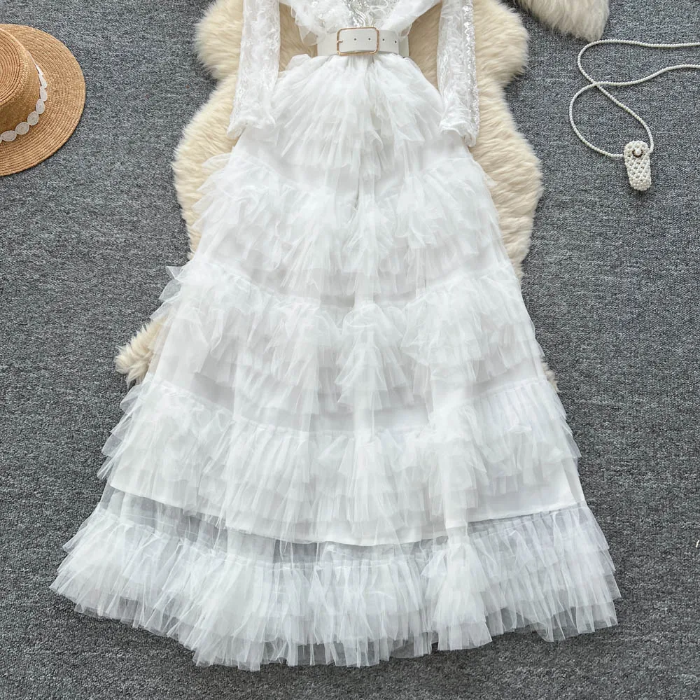 Elegant Embroidered Sequins Long Dresses Autumn Women Layer Ruffles Cake Full Sleeve Evening Party Vestidos Mesh Tulle Long Robe