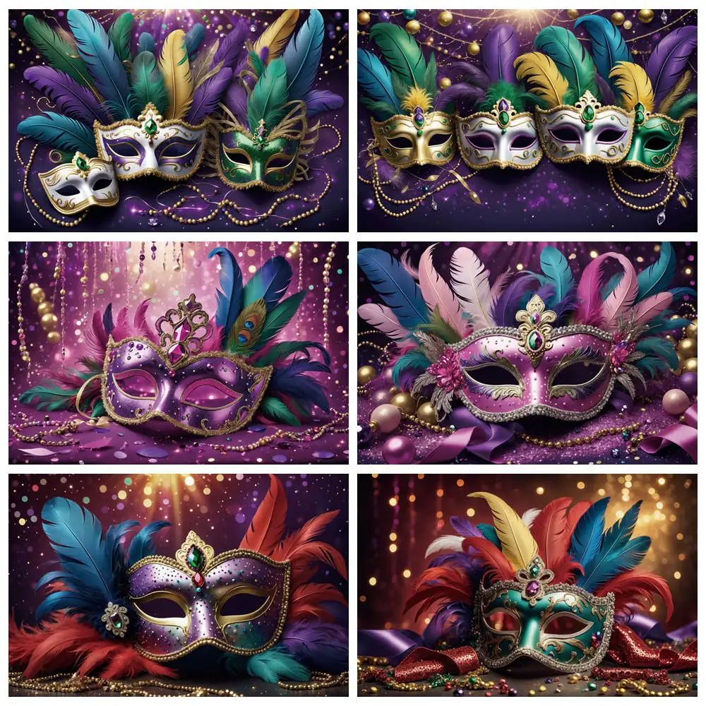 

MOON.QG Mardi Gras Backdrop for Photography Mask Masquerade Carnival Party Decoration Background Lace Glitter Feather Photozone