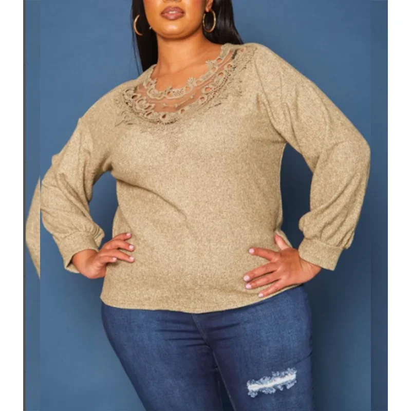 

2023 Autumn New Plus Size Women's Casual Long Sleeved T-shirt Top Solid Color Women's Lace O-Neck Shirt Women's Loose Top