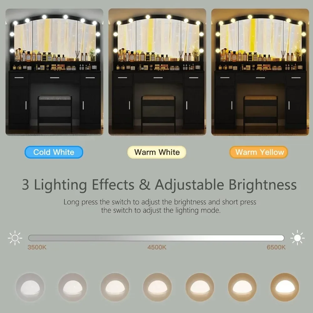 10 Led Lights, Dressing Vanity Table with Stool,Makeup Vanity with Lights, with 3 Drawers, 2 Cabinets & Long Storage Shelf 5