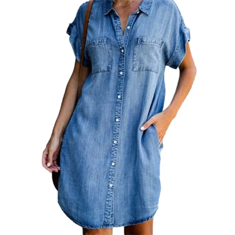 

Summer Thin Denim Dresses Women Casual Commuter Lapel Bust Splice Pocket Dress Single-breasted Cardigan Short Sleeve Female Gown