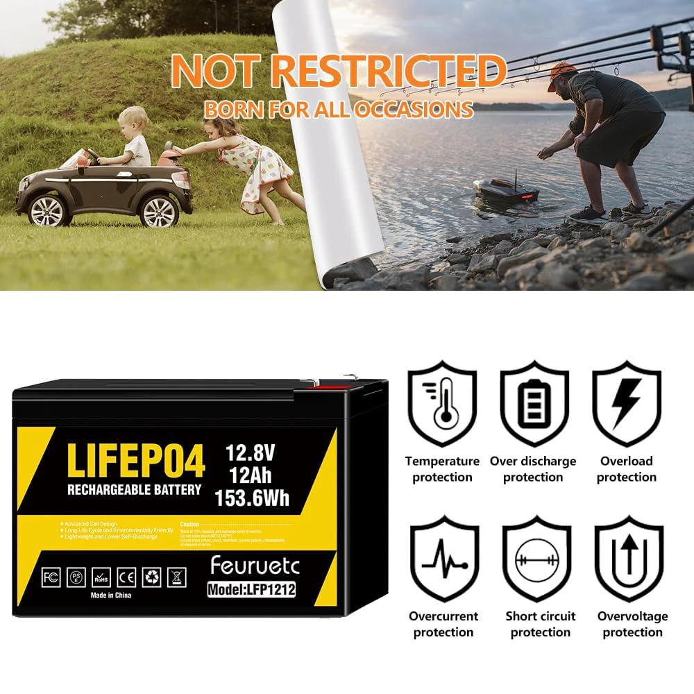 12V 12Ah LiFePO4 Lithium Battery, 3000+ Cycles Rechargeable Lithium Battery， Built-in BMS, Perfect for Ride on Toys, Small UPS