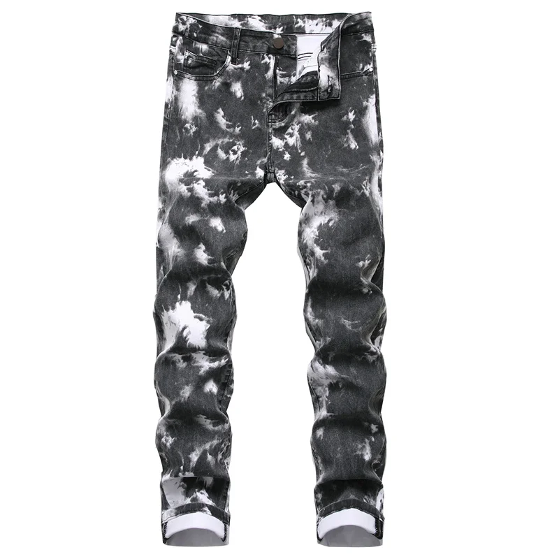 

Newly Arrived Men Casual Jeans Black Pink Sky Blue Fashionable Youth Men's Small Elastic Printed Trousers Size 28-42