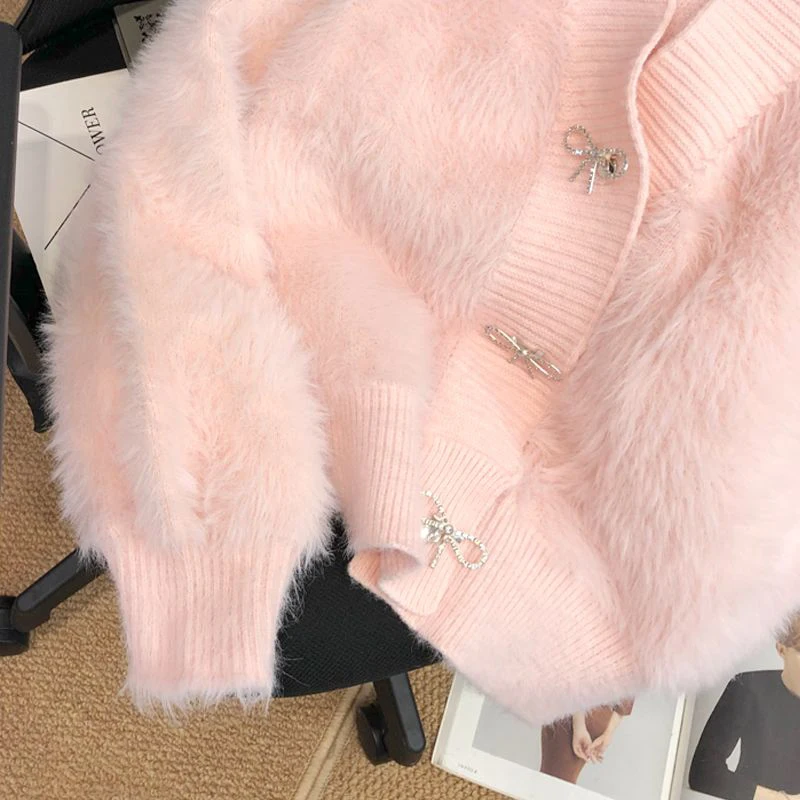 여성용 우아한 니트 가디건, 모조 밍크 크롭 스웨터 코트, 스위트 활 니트웨어, 한국 V넥 소프트 캐주얼 점퍼 탑, 신상