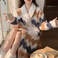 Women's Pajamas Cute Pijama Winter Sleepwear Warm Robe Sets Long Home Wear Bathrobe Plus Velvet Warmth Coral Fleece Nightgown 2