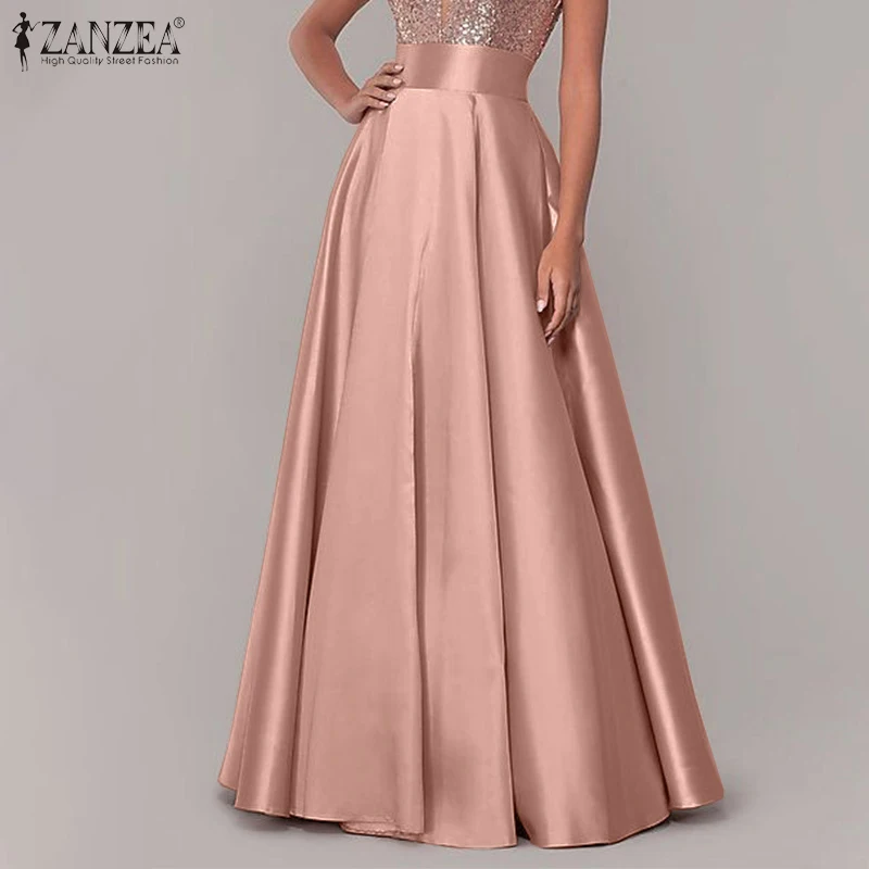 ZANZEA Women Satin Silk Black Maxi Long Skirts Elegant Luxury High Waisted A-Line Party Jupe Femme with Back Zipper Faldas Mujer 2