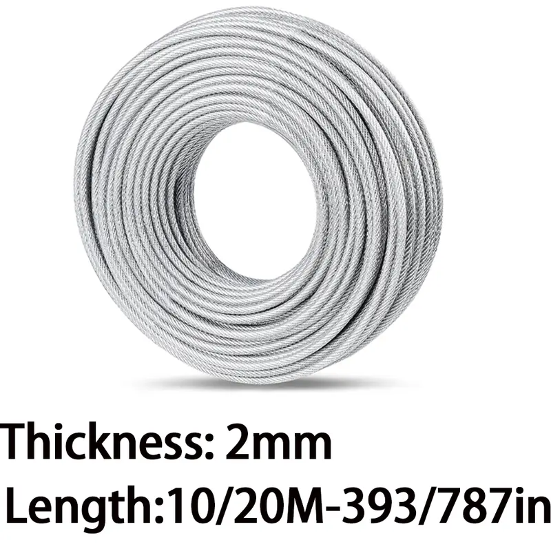10/20M 2mm Stainless Steel Wire Rope Kit with PVC Coating and Cable Clamp for Clothesline Garden Railing Outdoor Fence Etc - Image 2