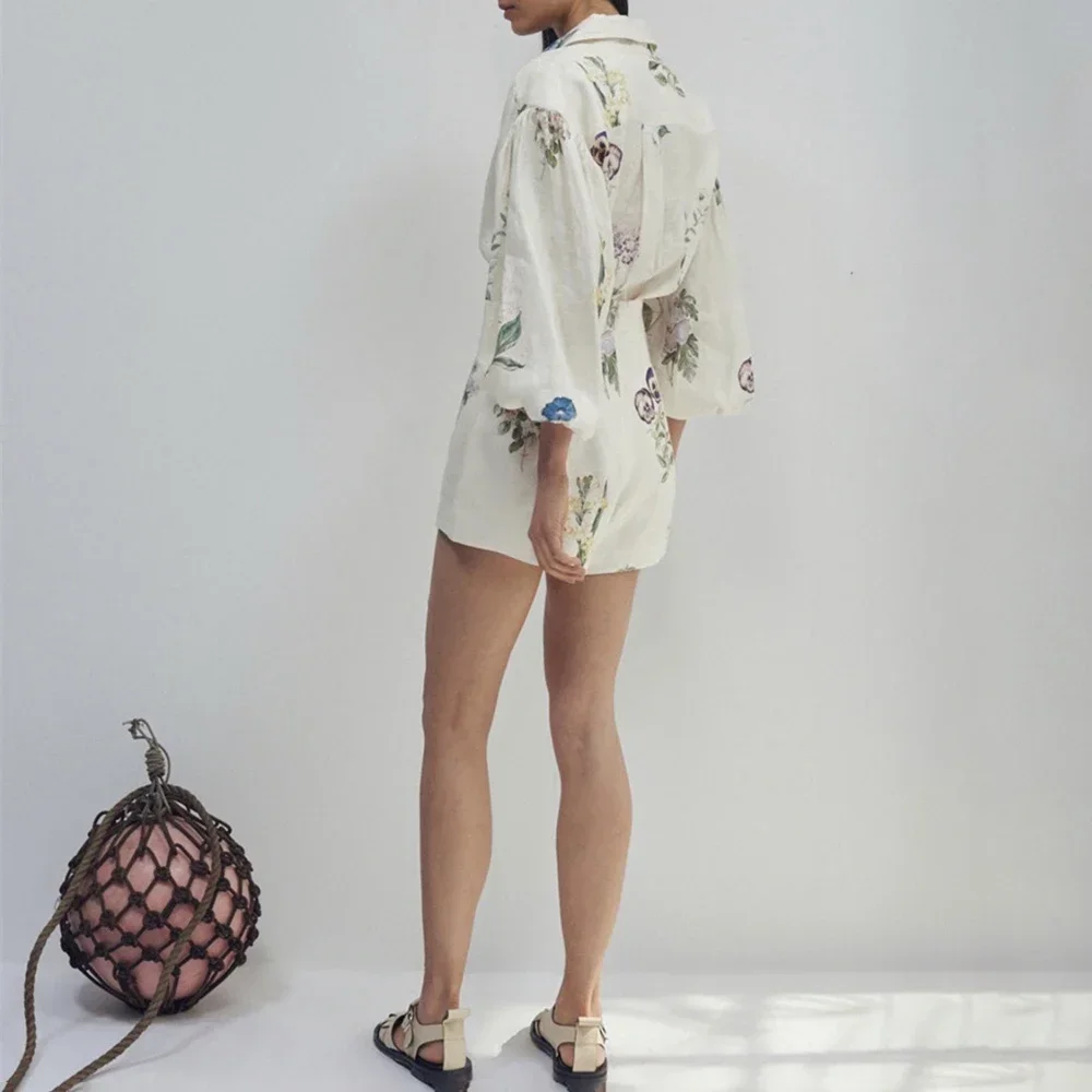 2023 Autumn Women Fashion Printing Puff Sleeve Long Sleeve Shirt High Waist Shorts Set Retro Floral Two-Piece Set Famale