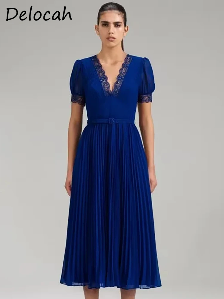 

Delocah High Quality Summer Women Fashion Runway Pleated Dress With Belt Blue Short Sleeve Lace Trim Hem High Waist Midi Dresses