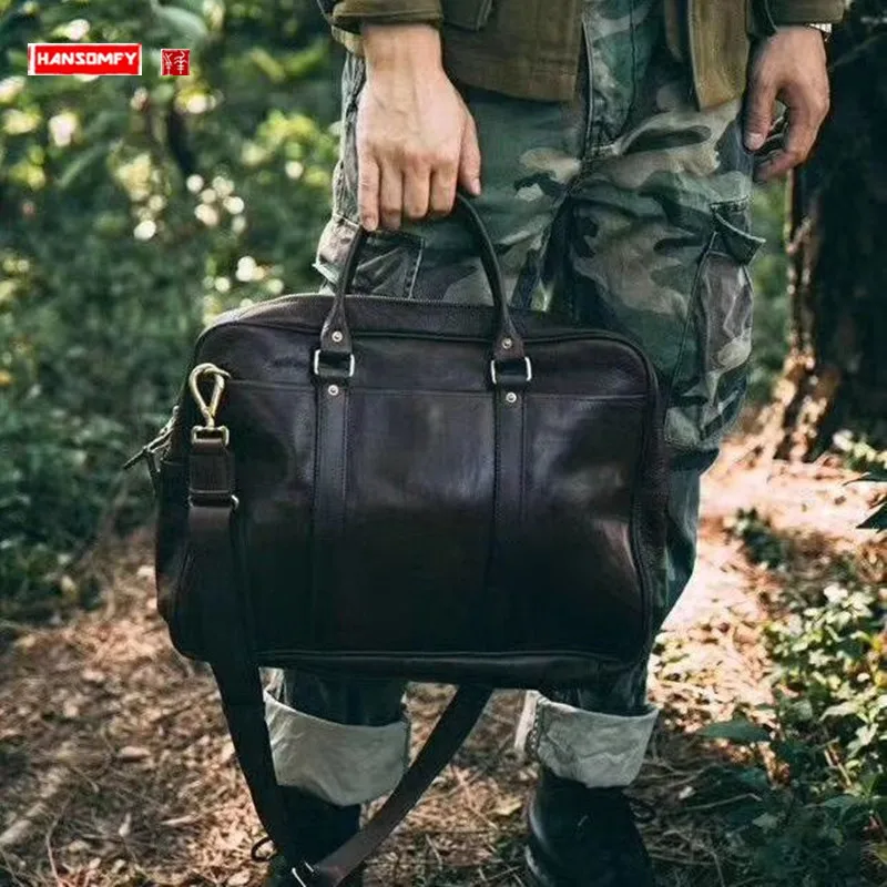 

Retro Men's Handbags Genuine Leather Large Capacity Casual Soft Computer Bag Business Handheld Briefcase Shoulder Messenger Bags