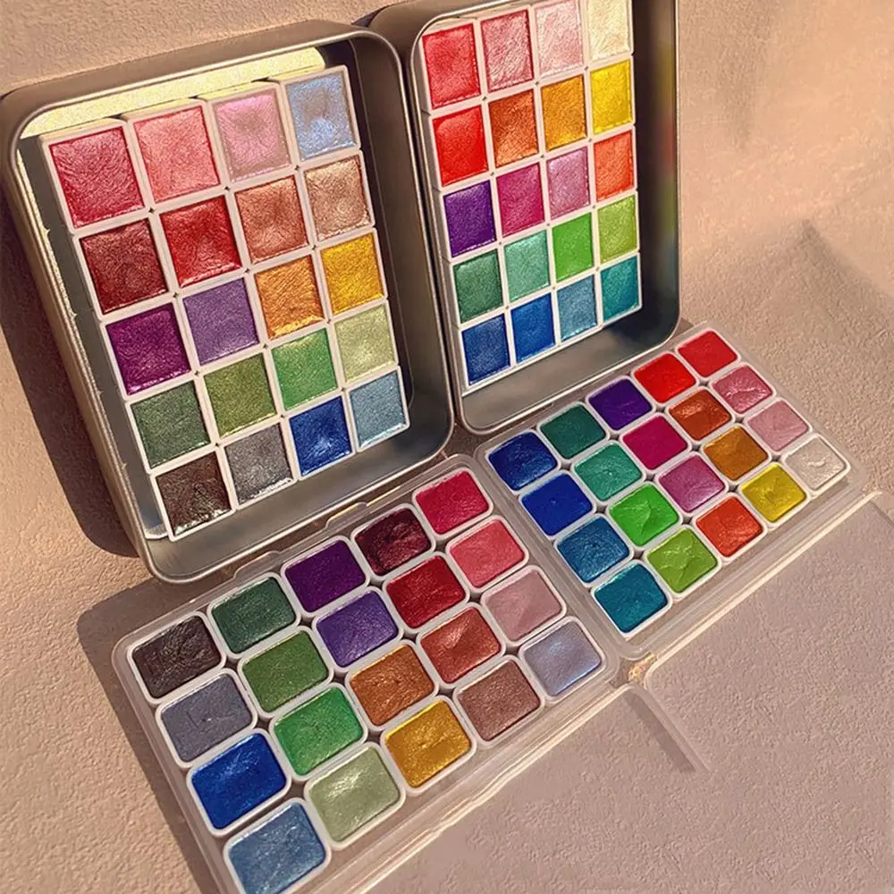 진주 빛 수채화 그림 세트, 금속 색상 반짝이 수채화 단색 페인트 상자, 솔리드 아트 용품, 20 가지 색상